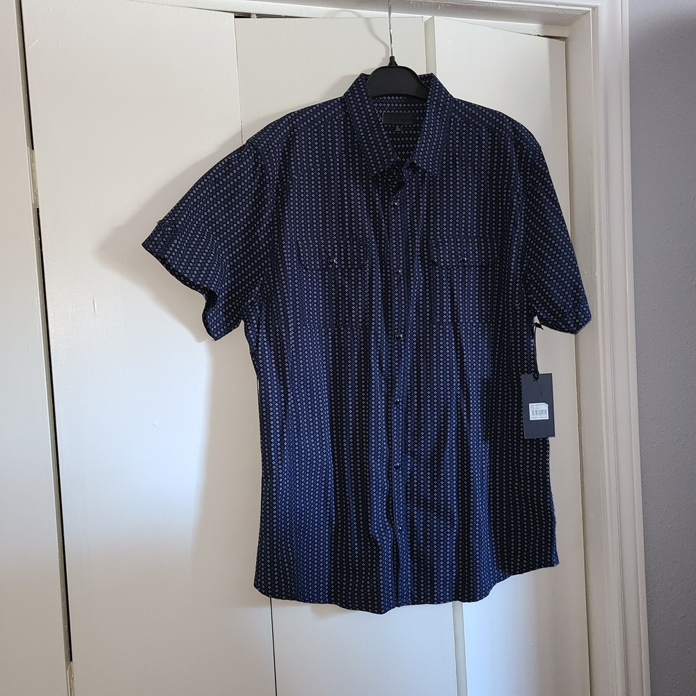 Navy Blue Short Sleeve Casual Button Down Shirt Size XL